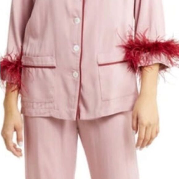 Sleeper Pink/Red Pajama Double  Ostrich Feather Pants & Button Up NWT $395.00 - Picture 3 of 12